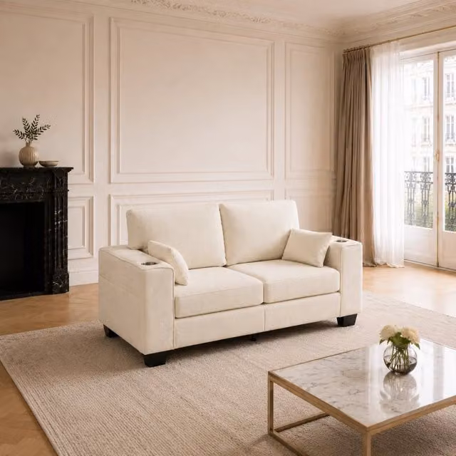 Divano a 2 posti MIVRAY in ciniglia beige con portabevande e tasche laterali per soggiorno o ufficio in casa – 1