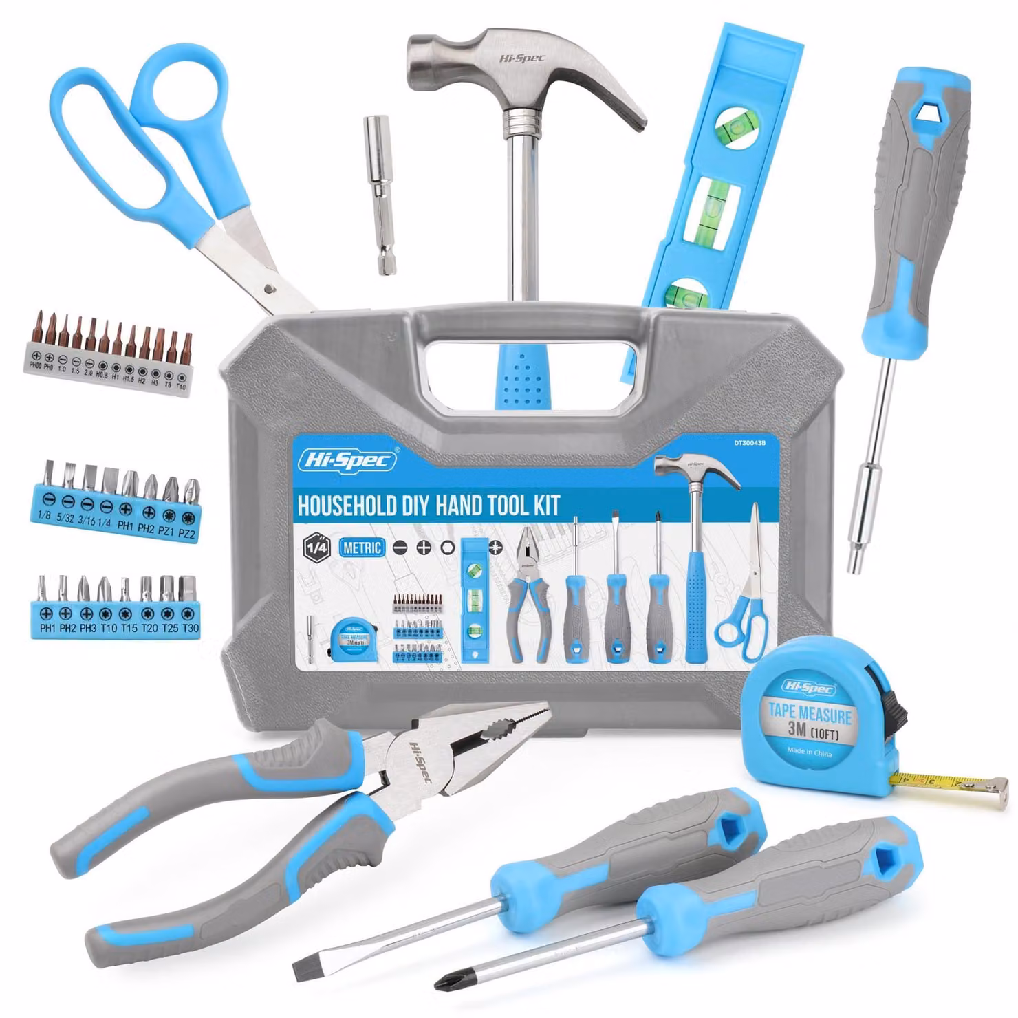 Set di utensili per la casa, il garage e lavori di bricolage, colore blu
