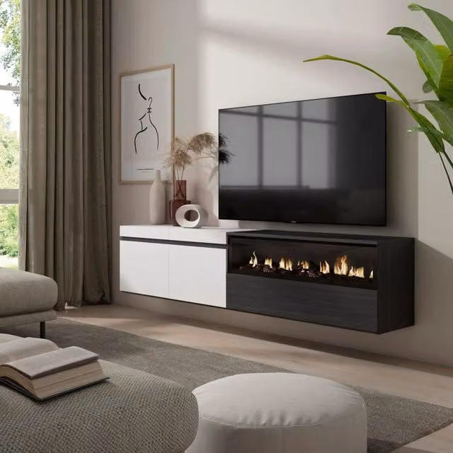 Mobile TV, 200x35x45cm, soggiorno, Per TV fino a 80", Camino elettrico, da appendere, Bianco e nero RF2177