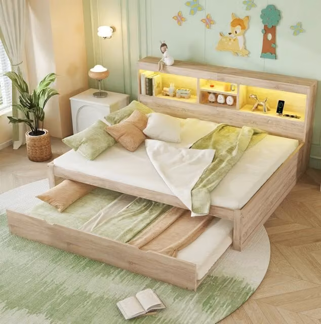 Letto da giorno 140 x 200 cm con letto estraibile; LED; prese USB e vano laterale; naturale