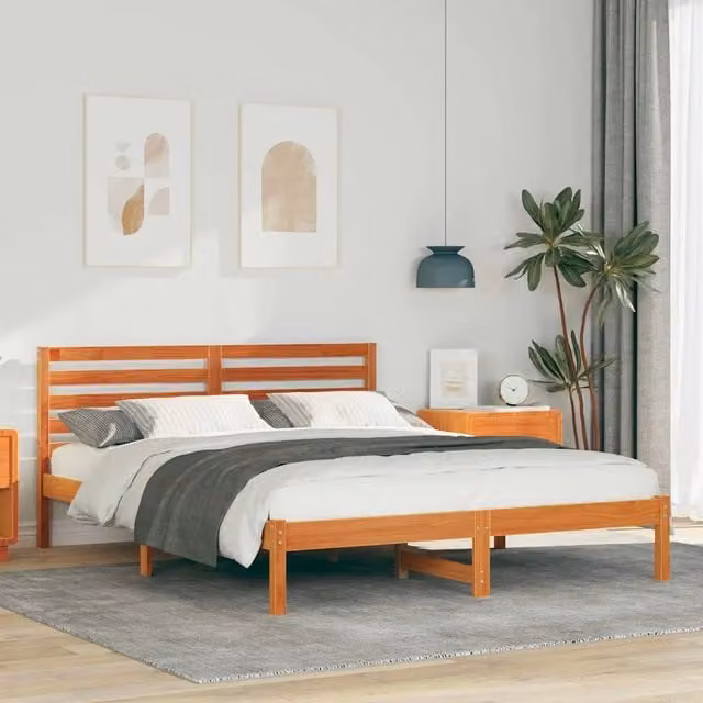 Struttura letto moderna in pino massello vidaXL, colore marrone cerato, L/P/H: 150 x 200 x 80,5 cm