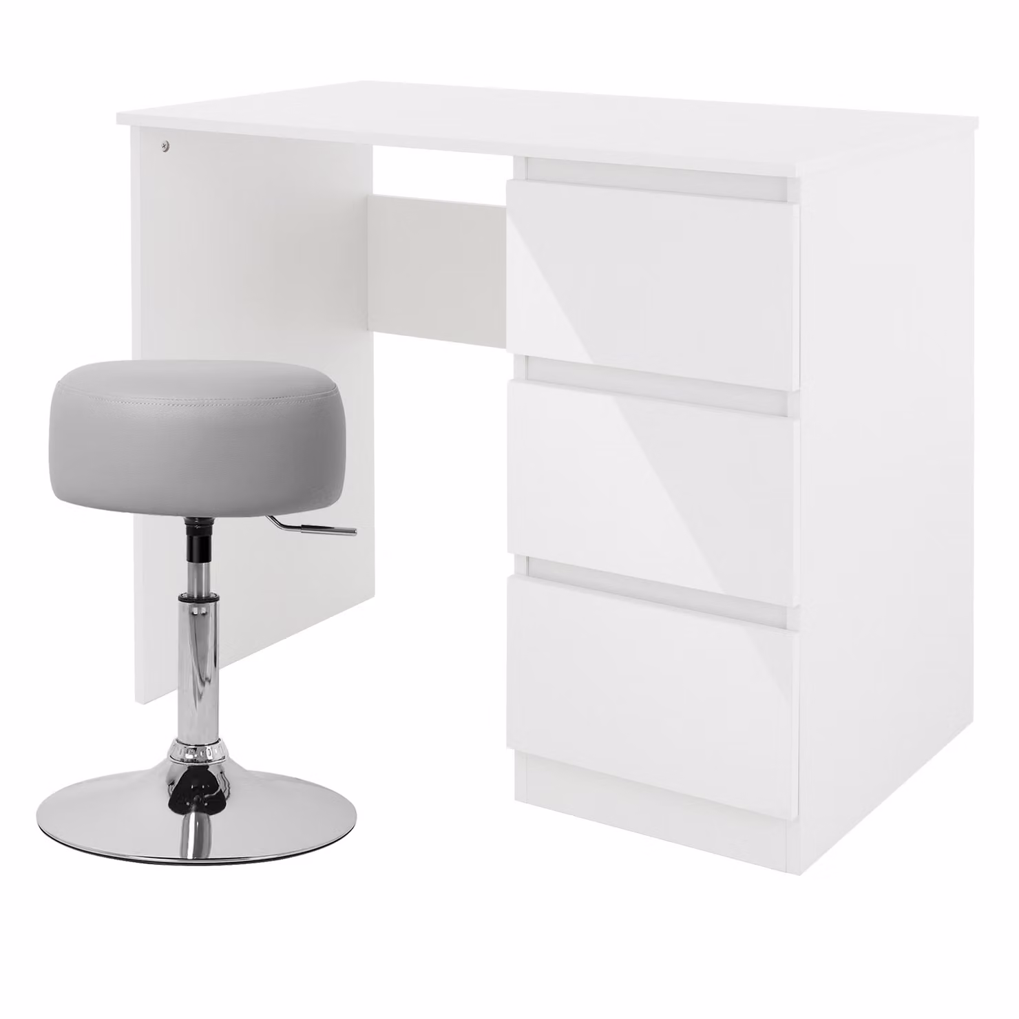ML-Design scrivania con sgabello, bianco, scrivania per computer con 3 cassetti, sgabello imbottito sgabello grigio chiaro, Ø33cm girevole regolabile in altezza 52-65cm