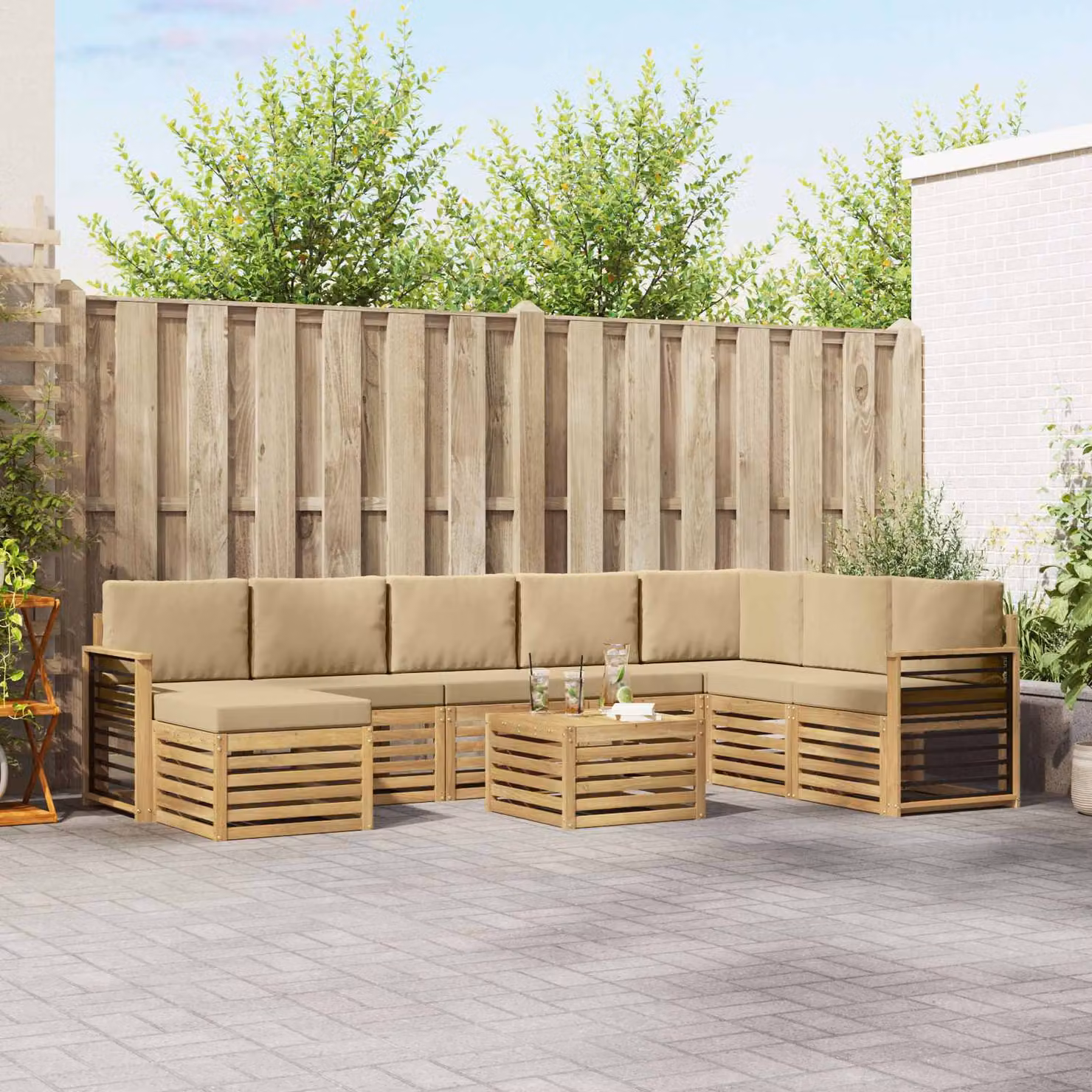 Set di divani da esterno vidaXL 9 pezzi in legno di acacia con cuscini, bianco, beige e marrone