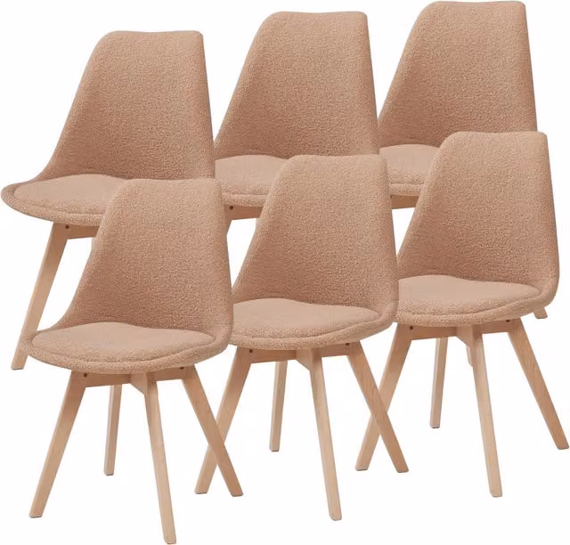 Set di 6 sedie da sala da pranzo en.casa con seduta imbottita in tessuto bouclé beige e struttura in legno di faggio, L: 54 cm, P: 46 cm, H: 82 cm