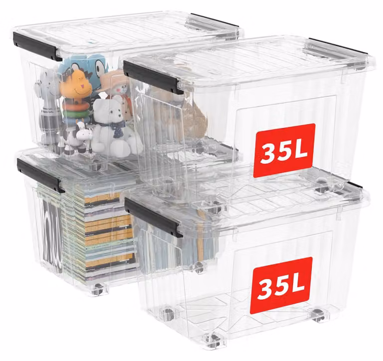 Contenitori Cetomo da 35 litri, confezione da 4, contenitori in plastica rinforzati con scanalature, dotati di ruote