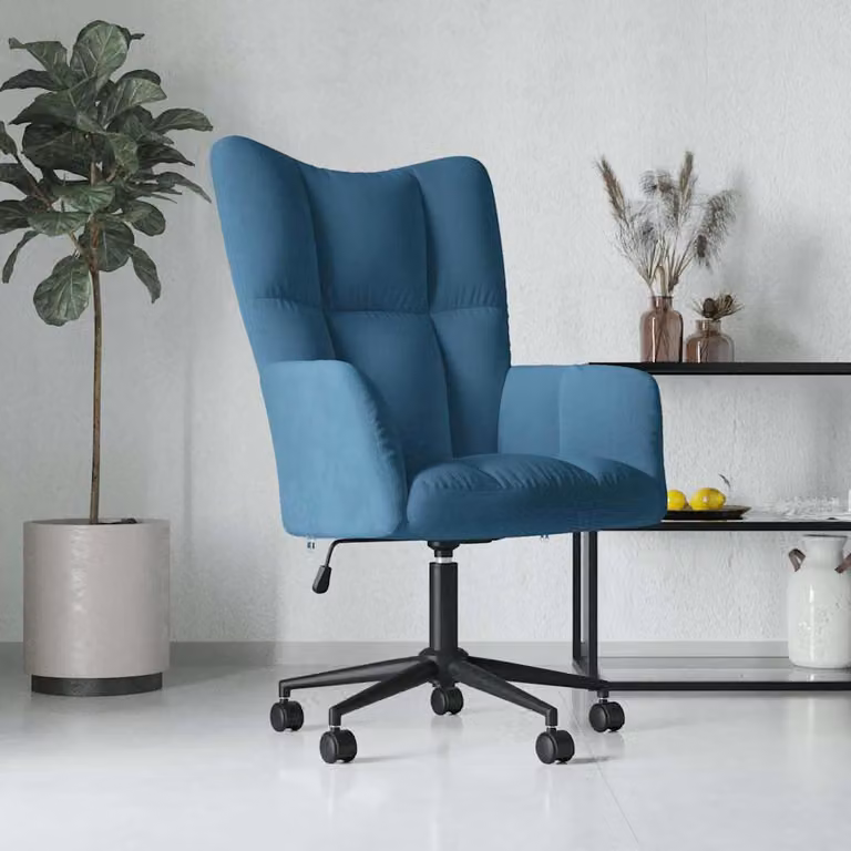 Sedia Relax moderna vidaXL in velluto blu con braccioli e rotelle, girevole a 360 gradi per ufficio o soggiorno