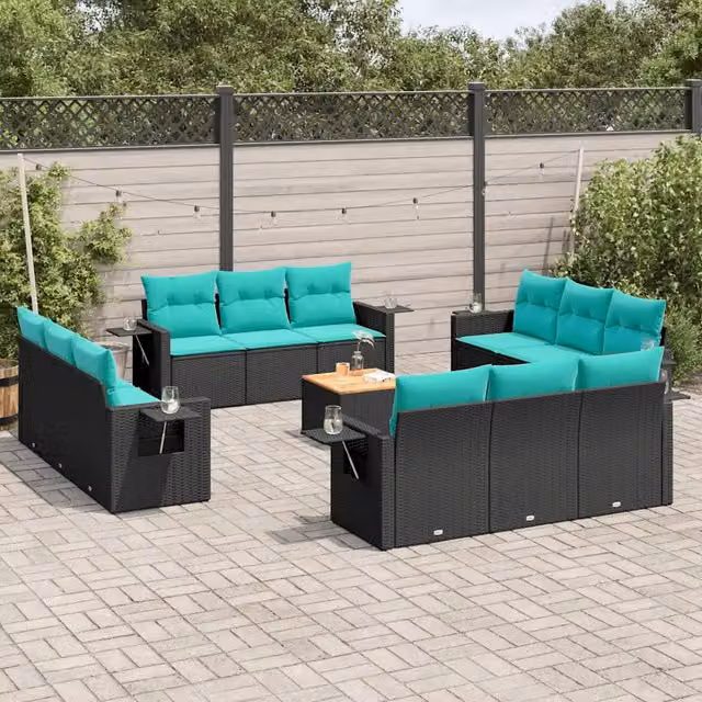 Set di Divani da Giardino vidaXL a Forma a U in Polyrattan Nero con 13 Pezzi e Cuscini Blu – 1