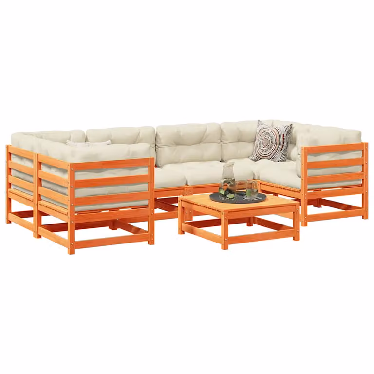 Set di Divani da Giardino vidaXL 7 Pezzi in Legno Massello di Pino con Cuscini, Design a L con Elementi Angolari e Ottoman, Colore Marrone e Beige