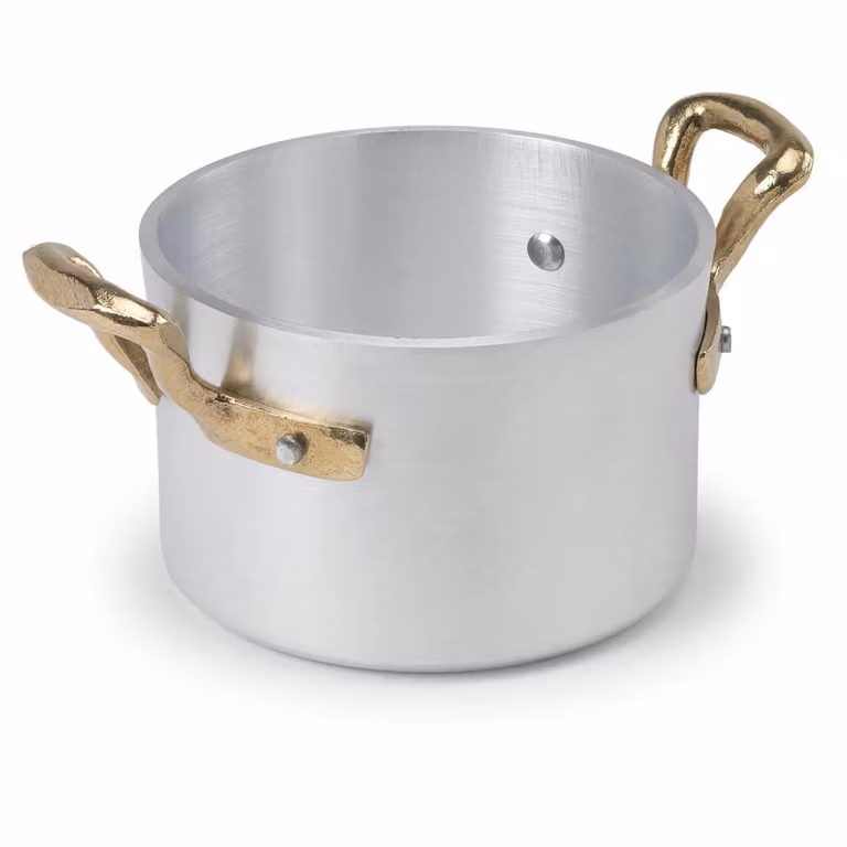 Casseruolino alto 1932 in alluminio con due maniglie in ottone, diam. 10cm