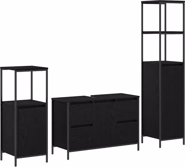 Set di mobili per il Bagno | Armadio da bagno 3 pz Rovere Nero Legno multistrato