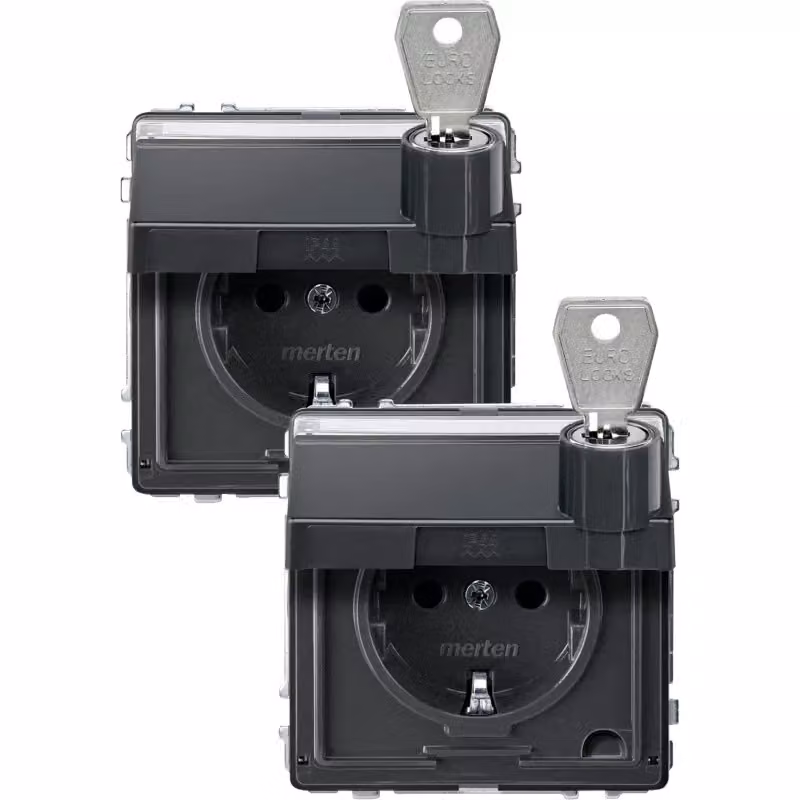 Presa SCHUKO con coperchio ribaltabile e sigillo di sicurezza, con interruttore a 2 poli BRS, StK, antracite, AQUADES.