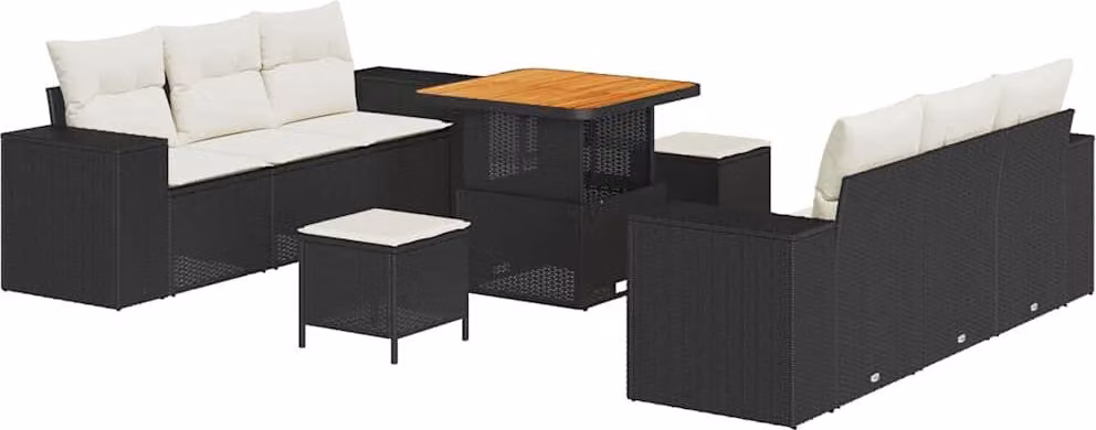 Set Divano da Giardino con cuscino 9 pcs Nero Poly Rattan