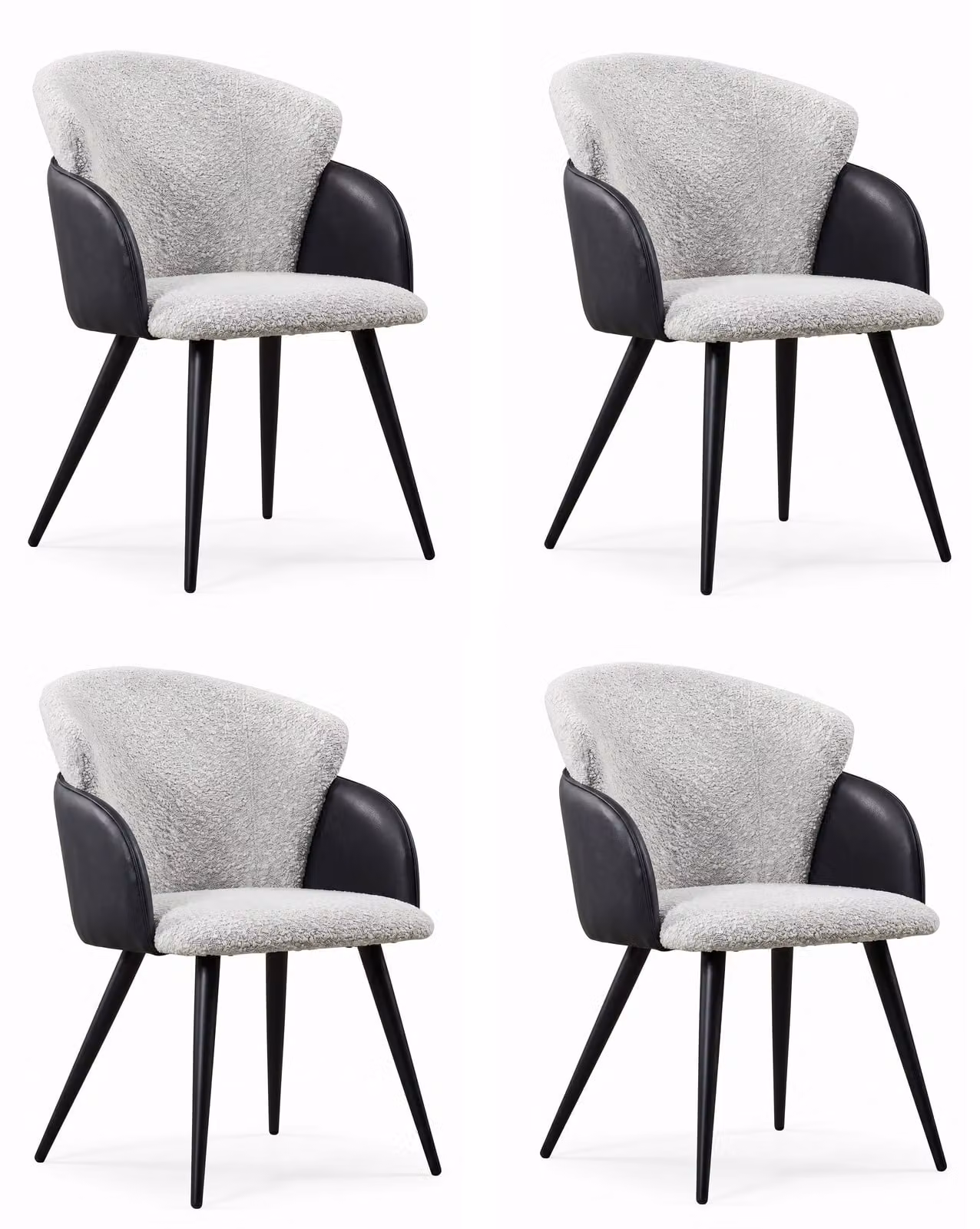 Set di 4 poltrone con braccioli, rivestite in tessuto bouclé grigio e nero, con struttura in ecopelle