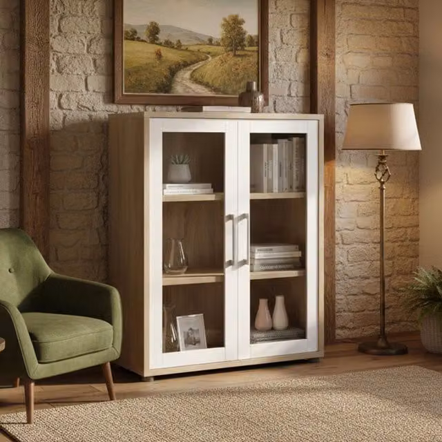 Credenza Ampezzo DMORA per soggiorno e cucina, Quercia e Bianco, L: 89 cm, P: 40 cm, H: 113 cm