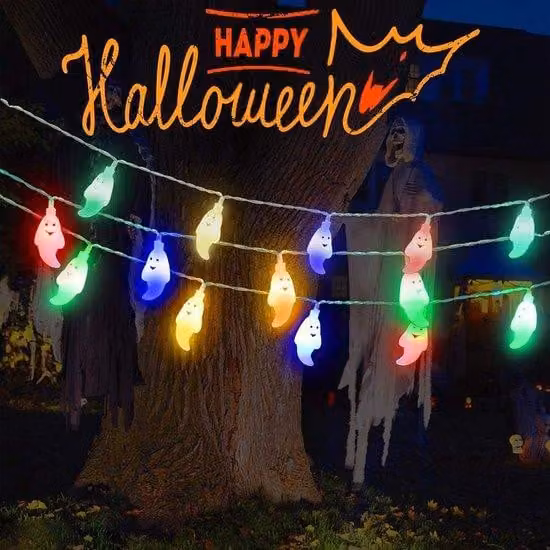 Catena luminosa LED Ibenzoa® per Halloween, 3 metri – 20 LED bianchi a forma di fantasma, alimentata a batteria (3 batterie AA), resistente all'acqua, adatta per interni ed esterni, filo di rame argentato