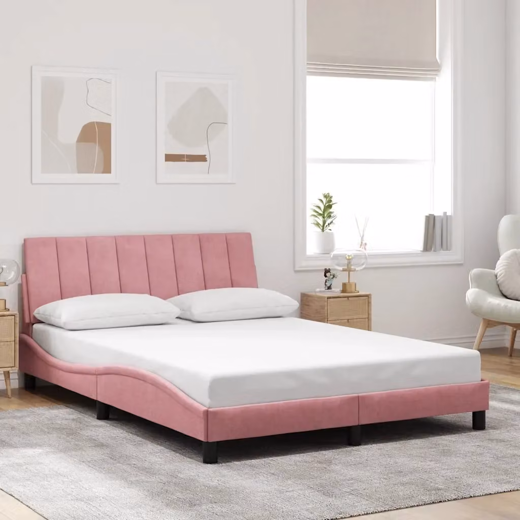 Letto matrimoniale Hanko in velluto rosa con struttura in legno e metallo L/P/H: 140 x 200 cm – 2