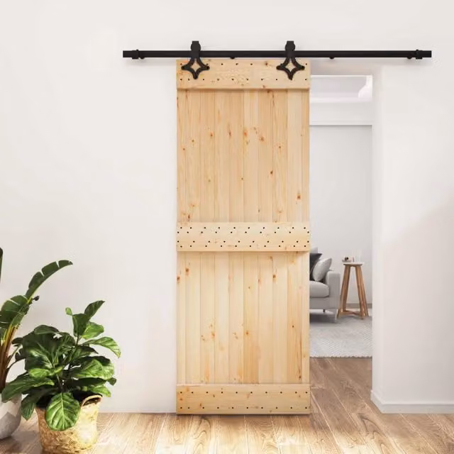 Porta scorrevole moderna vidaXL in legno e acciaio, Colore Naturale e Nero, L 80 cm x H 210 cm