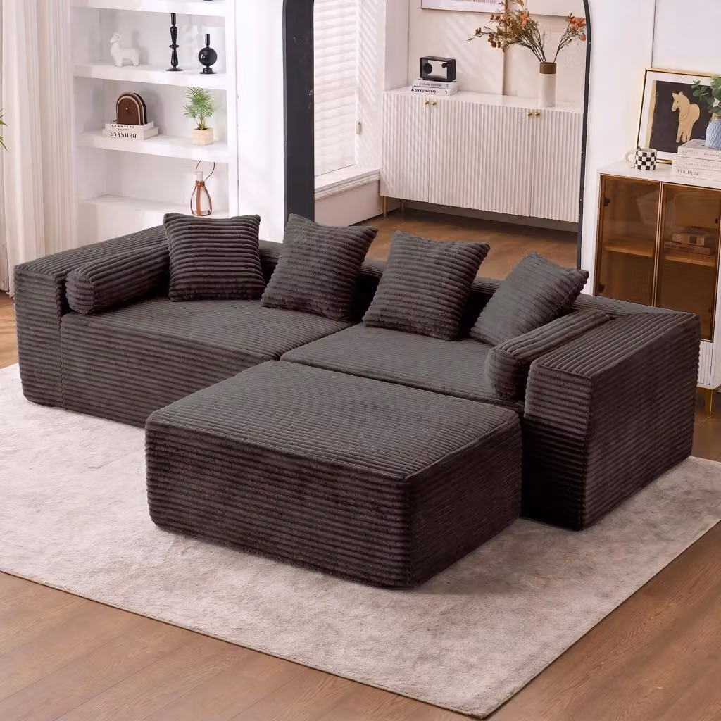 Divano modulare angolare a 3 pezzi con chaise longue nera e grigia in tessuto con imbottitura mista e cuscini inclusi – 2