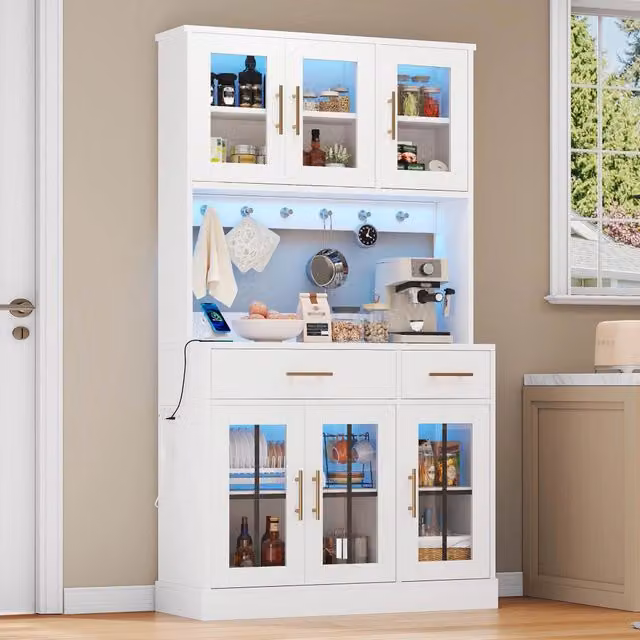 Credenza cucina con luci LED e presa elettrica; 100 x 40 x 180 cm; 6 ante e 2 cassetti; MDF bianco