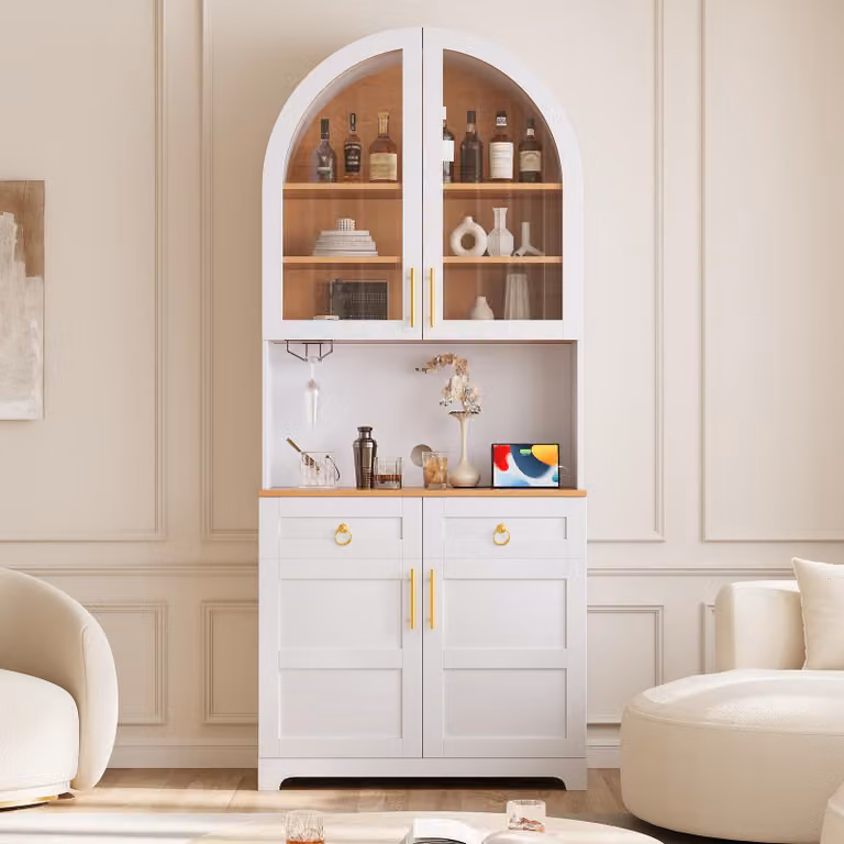Mobiletti alti da cucina con luci LED dimmerabili controllabili tramite app, 2 cassetti, mobiletto alto con presa di corrente e porta USB, vetrina in vetro, colore bianco