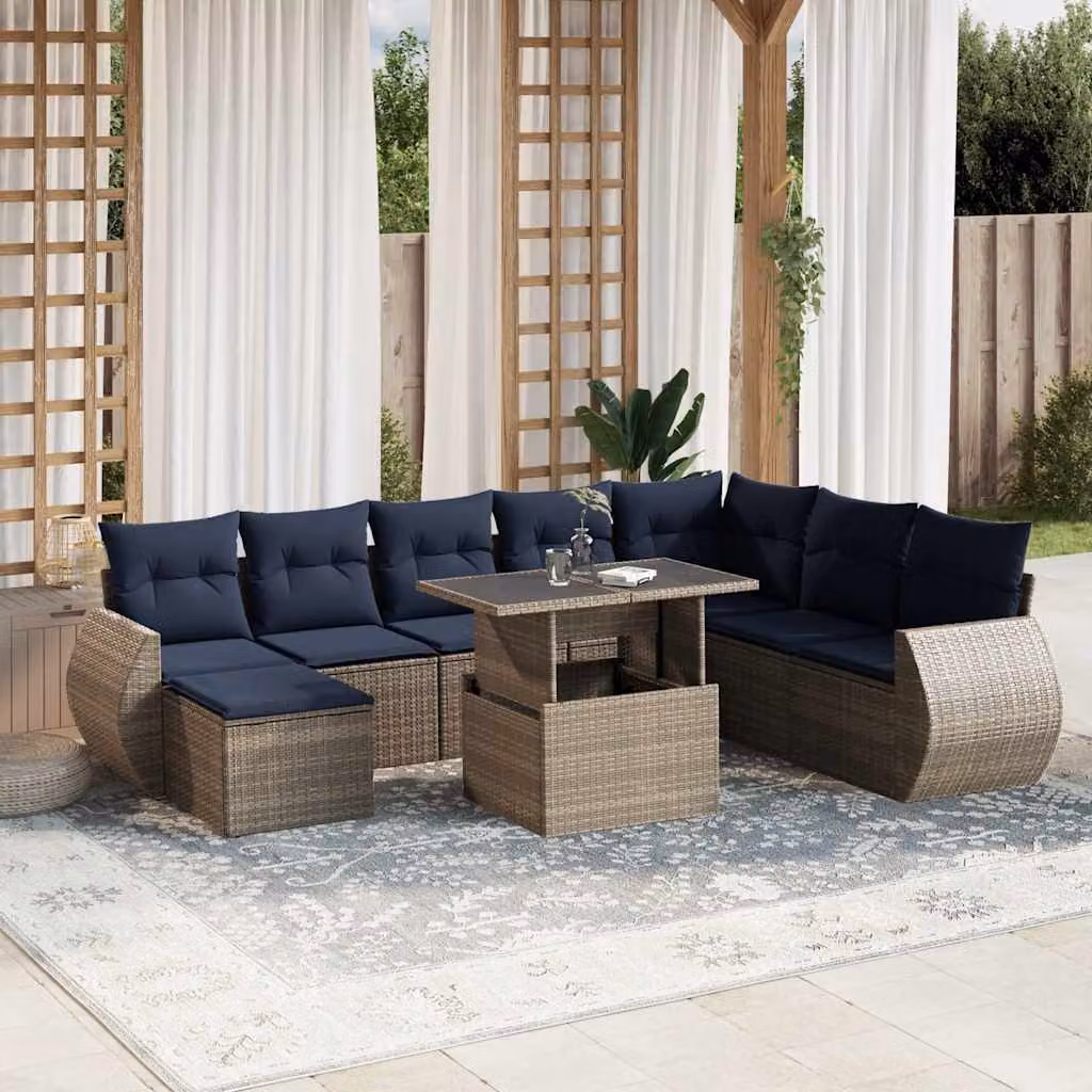 Set di divani da giardino vidaXL in polyrattan grigio con cuscini, tavolino e pouf, design moderno a L