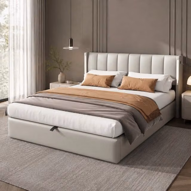 Letto imbottito 140 × 190 cm con USB LED regolabile in PU grigio con rete a doghe e vano contenitore
