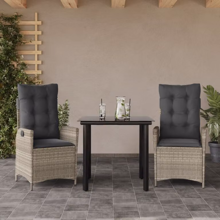 Set Pranzo da Giardino vidaXL in Polyrattan con Cuscini e Tavolo in Vetro, 3 Pezzi, Grigio Antracite