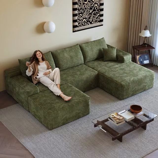 Divano angolare modulare 270 cm con chaise longue a L, 4 posti, divano verde in velluto a coste, seduta profonda