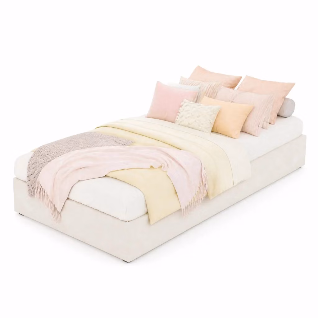 Letto singolo per bambini MODFU con contenitore a sollevamento e testiera imbottita, colore beige, L 90 cm x P 200 cm – 2
