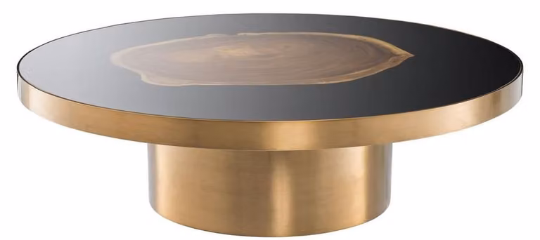 Tavolino Casa Padrino ottone / nero / marrone Ø 120 x h. 34 cm - Tavolino da salotto rotondo in acciaio inox con disco in legno di Suar - Mobili
