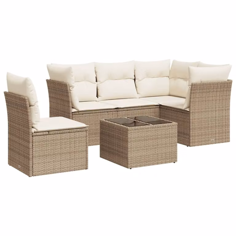Set Divano da Giardino 6 pz con Cuscini Beige in Polyrattan