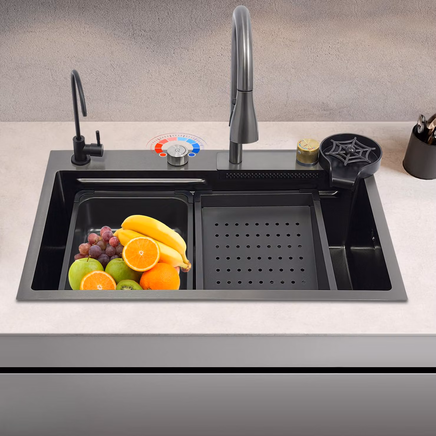 Lavello da cucina in acciaio inossidabile, 68x45 cm, con rubinetto a cascata estraibile e due vasche