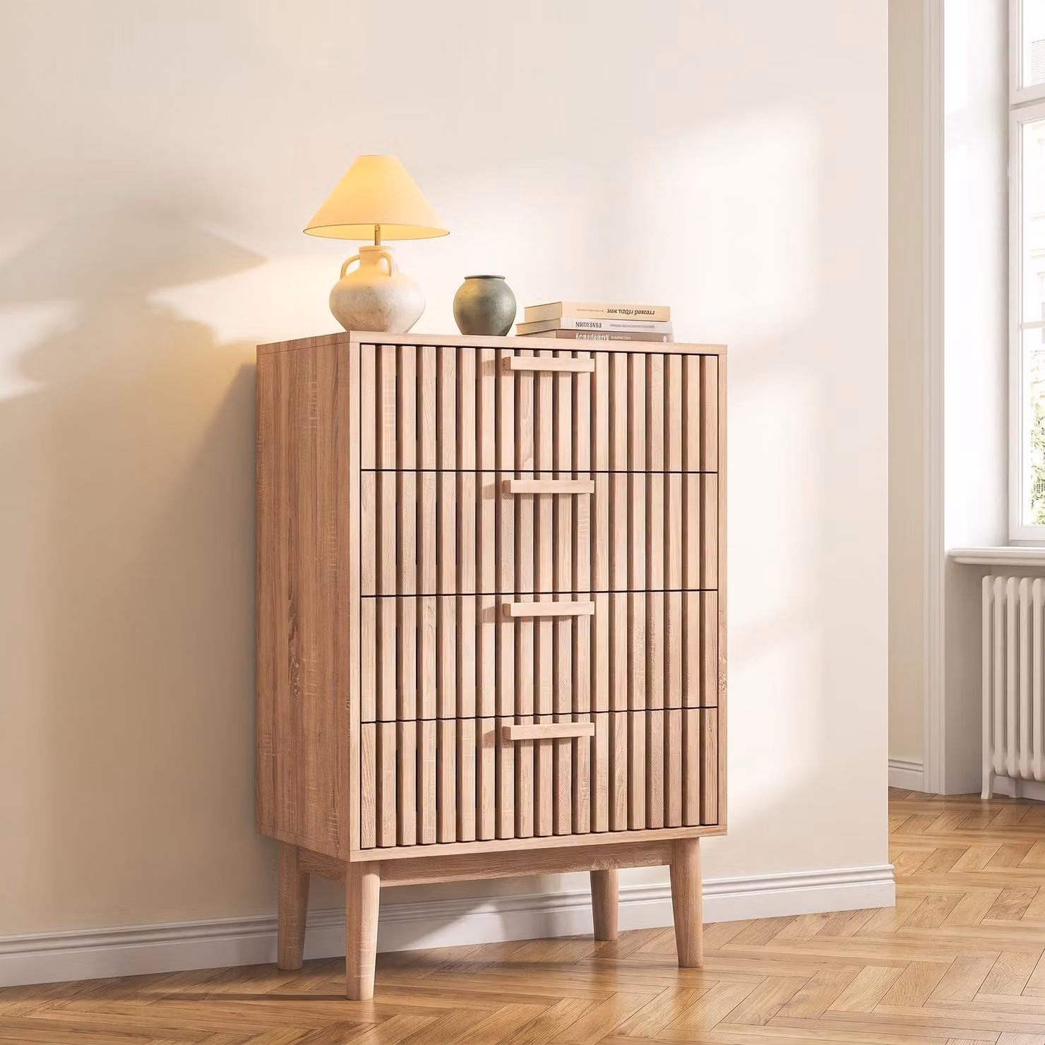 Comodino INONEFT da 60 cm con 4 cassetti, mobile contenitore per soggiorno e corridoio, con maniglie in legno e struttura in legno massello
