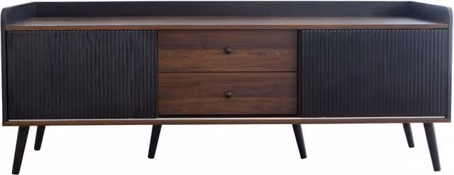 Mobile TV moderno GL Store con ante scorrevoli a righe e 2 cassetti, colore nero e gambe in legno, L: 160 cm, P: 40 cm, H: 58 cm