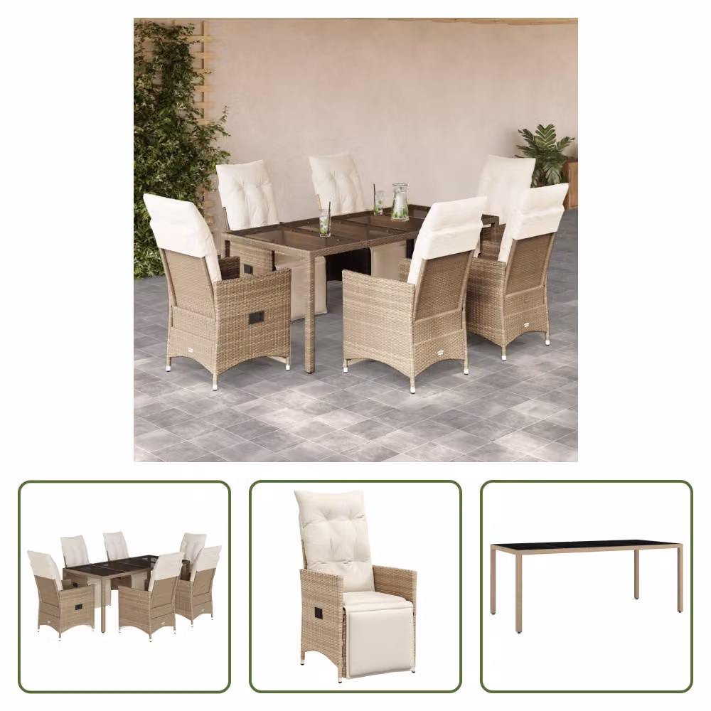 The Living Store Set bistrot da giardino 7 pezzi con cuscini Beige in poly rattan