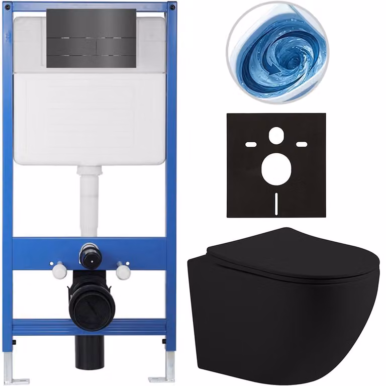 CERANO - Set completo per WC da incasso Lite/Cesso - nero opaco - pulsante per WC Line, grigio scuro - installazione a parete - 49x36 cm