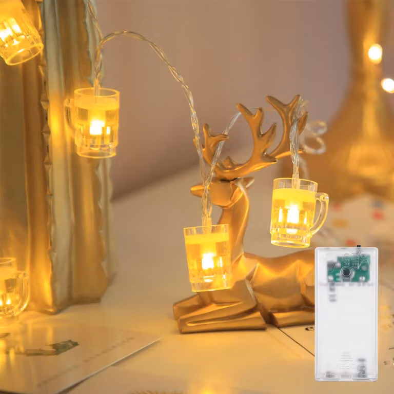 Catena luminosa a forma di boccale di birra, lunghezza 1,5 metri, 10 LED, luce bianco caldo, con timer, alimentata a batteria