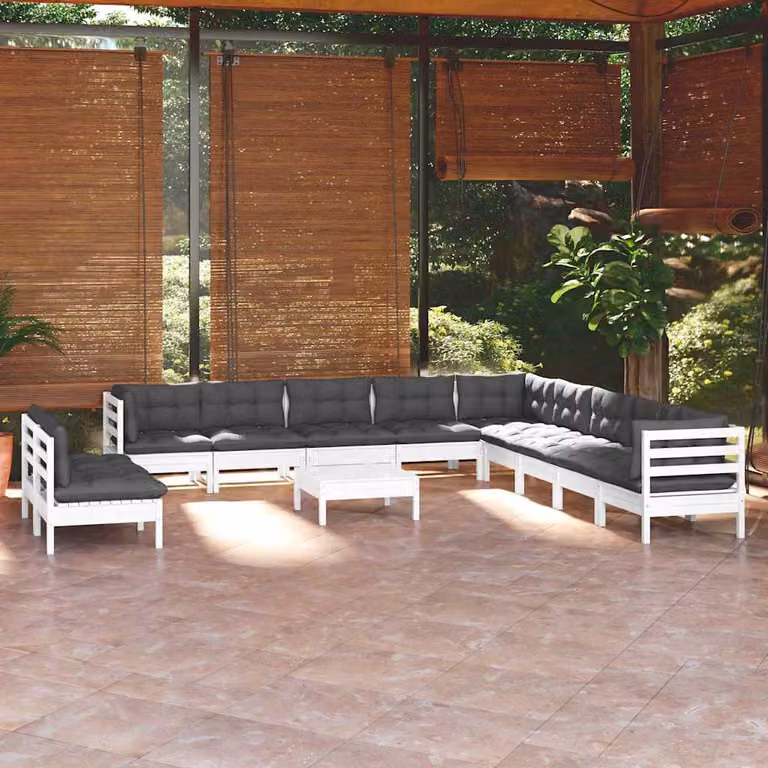 Set di divani da giardino vidaXL a forma di U in legno di pino con cuscini bianchi, antracite e grigi