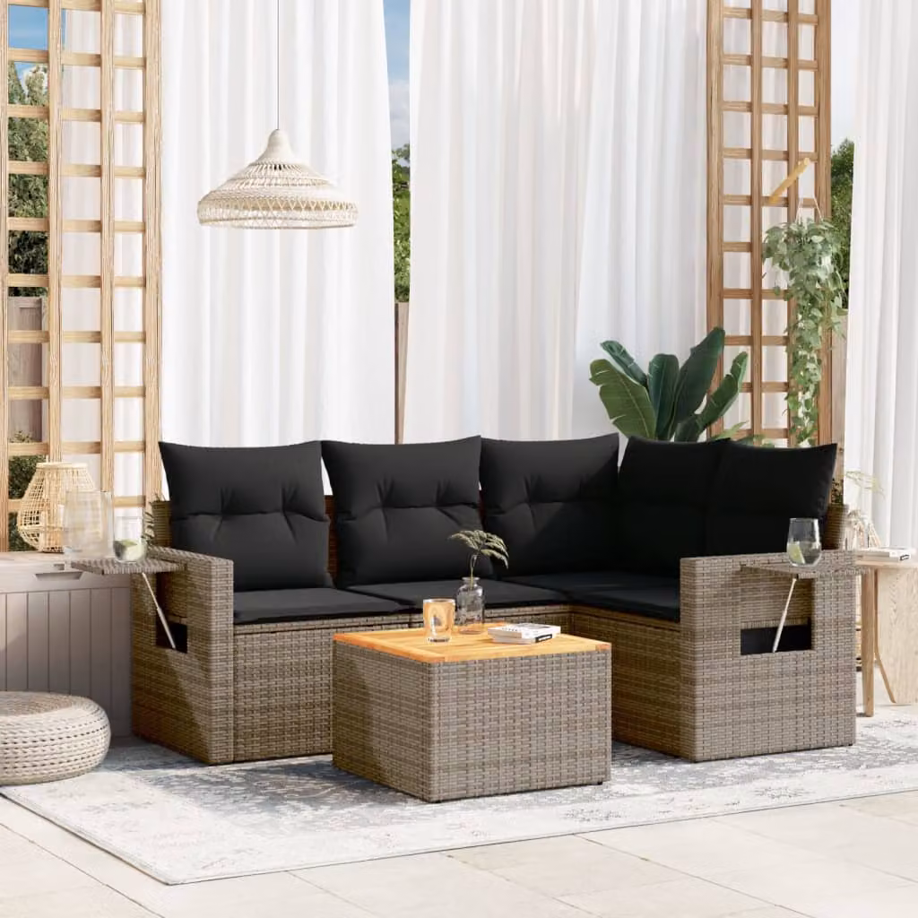 vidaXL Set Divano da Giardino 5 pz a L in Polyrattan Grigio con Cuscini e Tavolino – 1