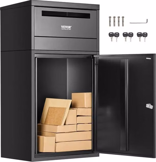 Cassetta postale per pacchi da esterno in acciaio zincato PB-266C con serratura antifurto, colore nero, L: 50,0 cm, P: 32,5 cm, H: 90,9 cm – 1