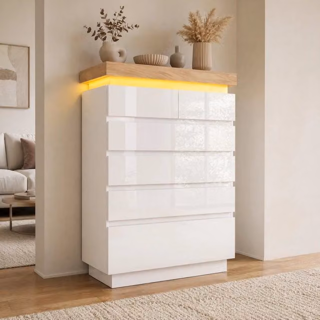 Credenza moderna bianca lucida con 6 cassetti e illuminazione LED integrata L: 115 cm, H: 73 cm, P: 39 cm