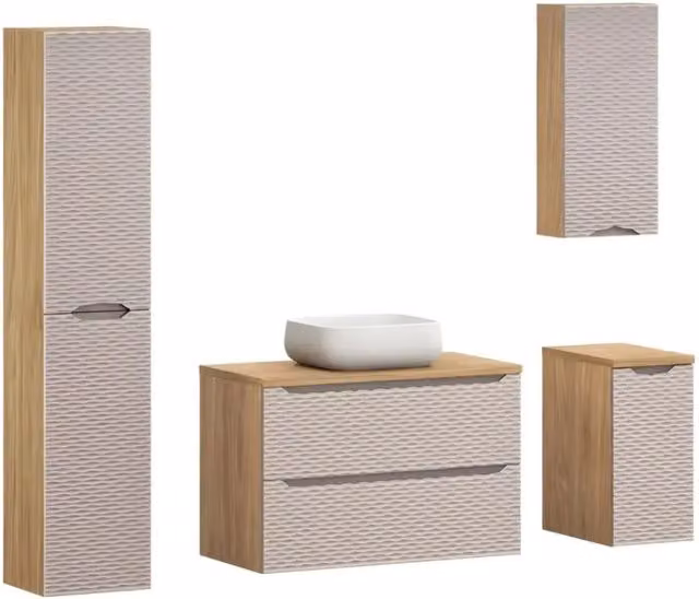 Bagno YOKA beige: mobile sotto lavabo + piano per lavabo + lavabo + colonna di stoccaggio + 2 mobili di stoccaggio