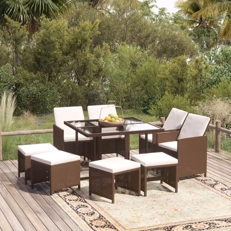 The Living Store Set da pranzo da giardino 9 pezzi con cuscini in poly rattan marrone