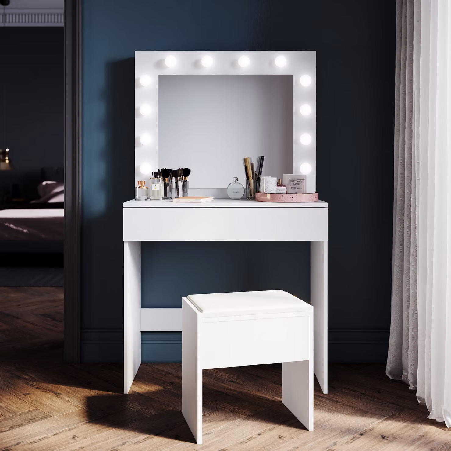 SONNI cassettiera bianca 80x40x140cm Cassettiera a luce LED con luminosità regolabile con specchio e cassetto