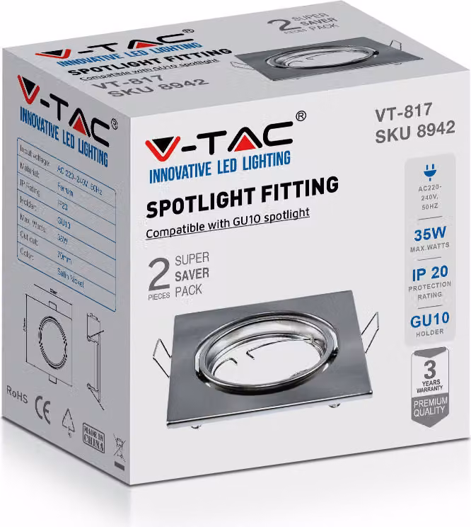 V-TAC VT-817 Portafaretto led da incasso orientabile quadrato metallo nickel satinato per lampadine GU10-GU5.3 box 2pz - sku 8942