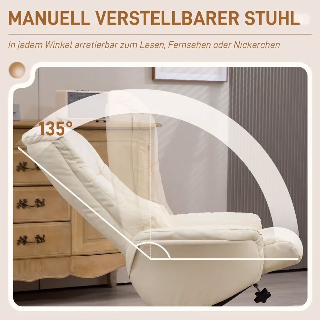 Poltrona Relax Recliner REDOM con poggiapiedi, ecopelle bianca e struttura in legno massiccio, L: 71 cm, P: 84 cm, H: 102 cm – 2