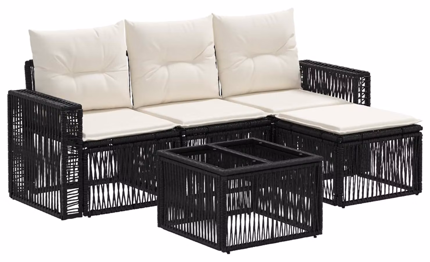 Set Divano da Giardino 5 pcs Nero e Bianco Crema polyrattan