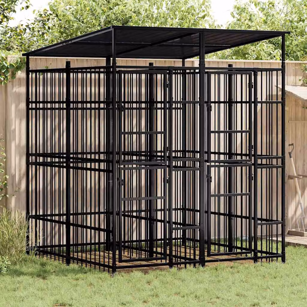 vidaXL Gabbia per Cani da Esterno con Tetto in Acciaio, Colore Nero, Metallo Opaco