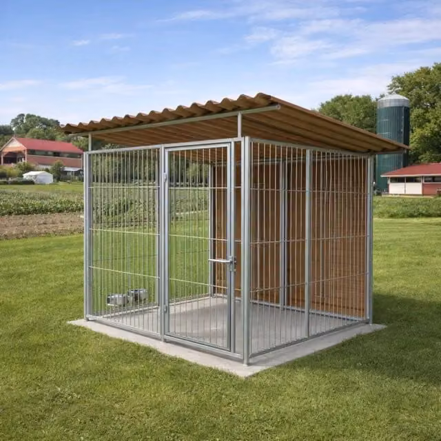 Box per cani SIDERBOX con retro in legno e struttura in metallo zincato, isolato e con portaciotole, L: 300 cm, P: 200 cm, H: 180 cm