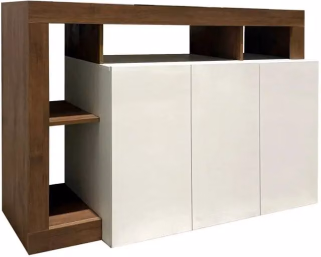 Buffet BURA 3 porte 146 cm – Bianco lucido e aspetto legno scuro – Design contemporaneo